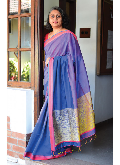 Blue and Purple,  Handwoven Organic Cotton, Textured Weave , Jacquard, Work Wear Saree